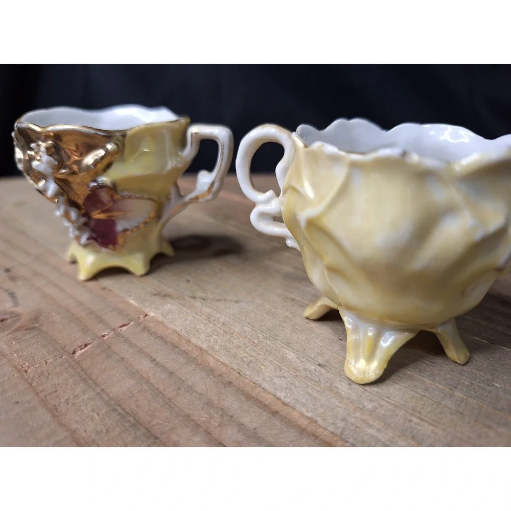Vintage Footed Lusterware Porcelain Teacups Gold Gilt 3D Floral Applique Set / 2